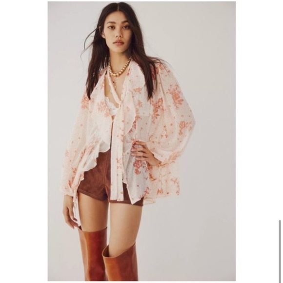 Free People Dreamland cream peach pink Floral button down sheer top size Small - Picture 2 of 5